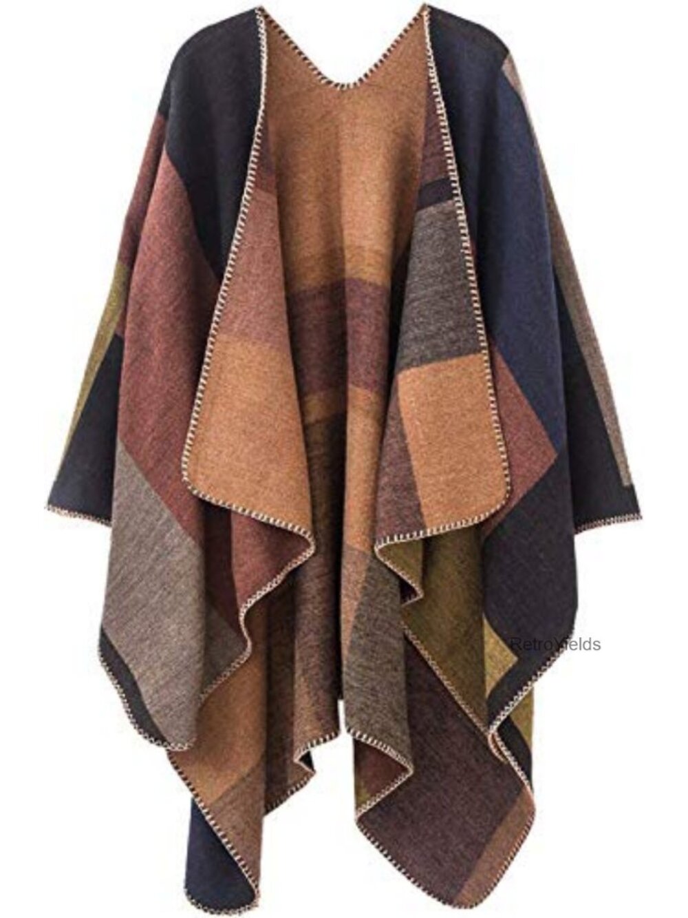 Reversible Plaid Poncho Shawl Wrap Cape Open Front Fringe Tassel